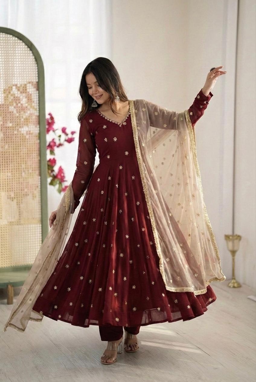 Maroon Georgette Anarkali Gown with Embroidery Work & Dupatta