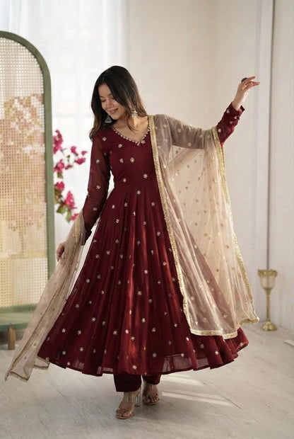 Maroon Georgette Anarkali Gown with Embroidery Work & Dupatta