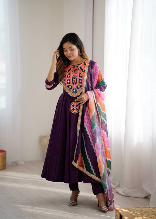 Purple Anarkali Suit with Colorful Mirror Work Yoke and Multicolor Dupatta