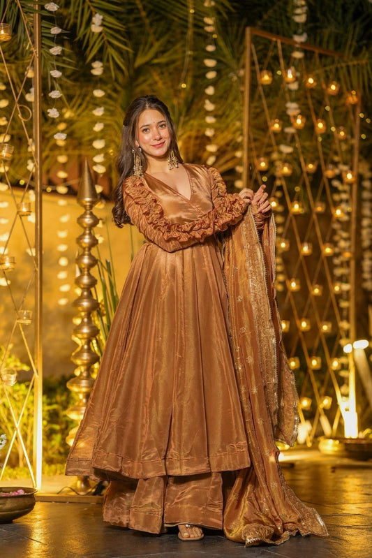 Heavy Fendy Silk Anarkali Palazzo Set with Designer Sleeves & Embroidered Dupatta