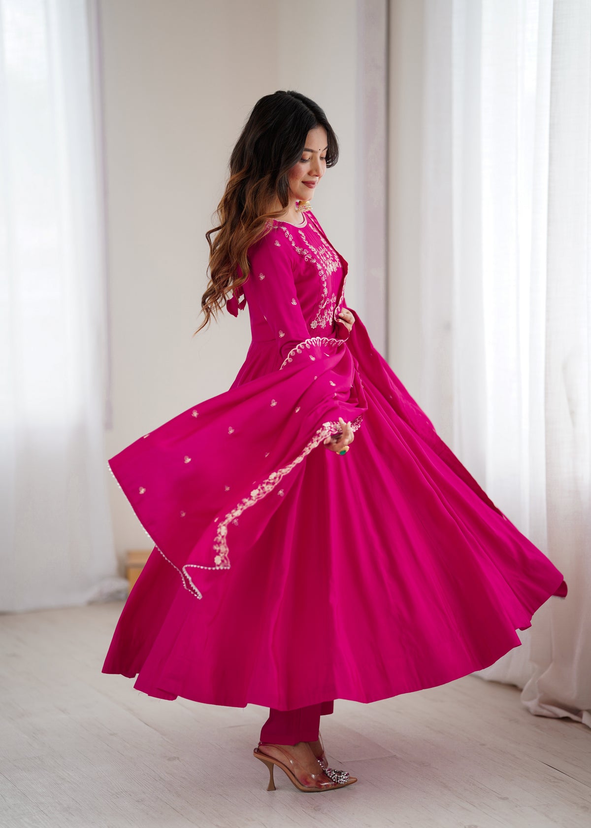Bright Pink chanderi silk Embroidered Anarkali Gown with Dupatta