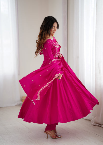 Bright Pink chanderi silk Embroidered Anarkali Gown with Dupatta