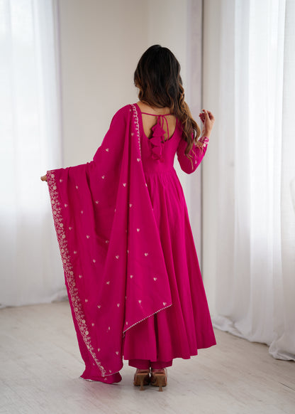 Bright Pink chanderi silk Embroidered Anarkali Gown with Dupatta