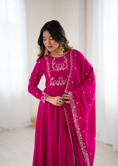 Bright Pink chanderi silk Embroidered Anarkali Gown with Dupatta