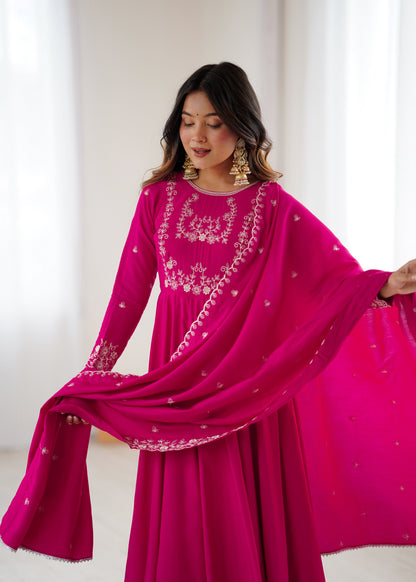 Bright Pink chanderi silk Embroidered Anarkali Gown with Dupatta