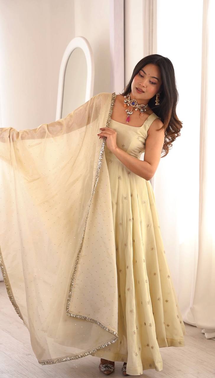 Off White Cosmos Gold Embroiderd Party gown With Dupatta
