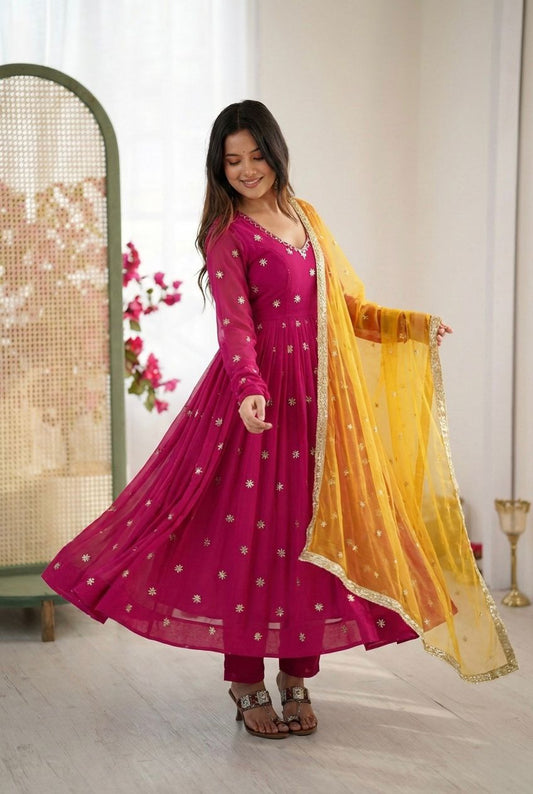 Pink Georgette Anarkali Gown with Embroidery Work & Dupatta