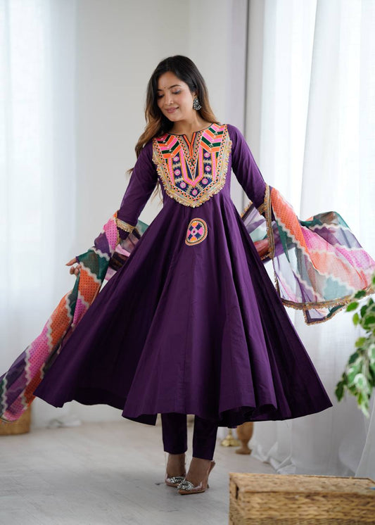 Purple Anarkali Suit with Colorful Mirror Work Yoke and Multicolor Dupatta