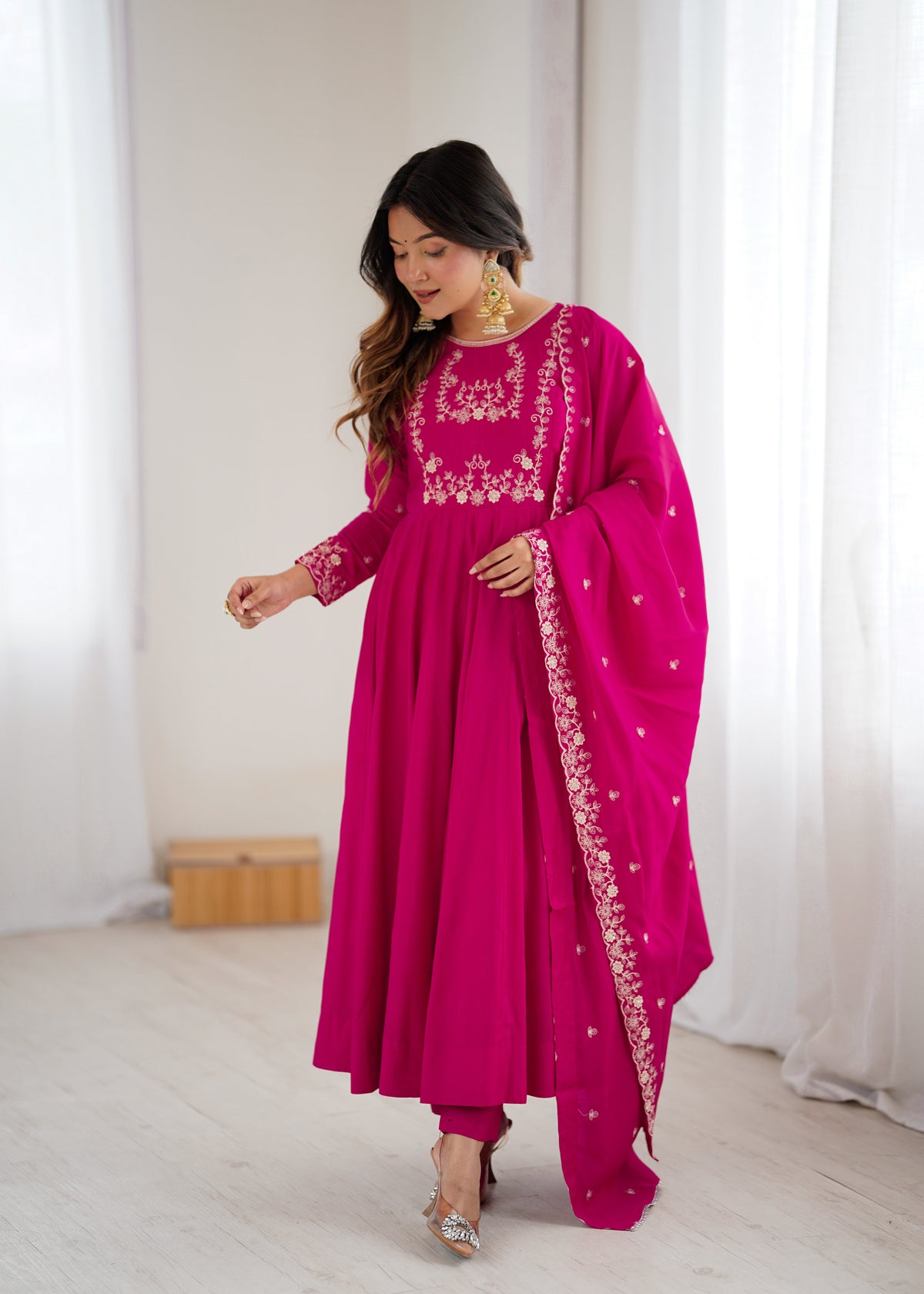 Bright Pink chanderi silk Embroidered Anarkali Gown with Dupatta