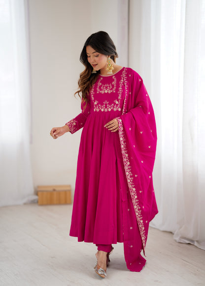 Bright Pink chanderi silk Embroidered Anarkali Gown with Dupatta