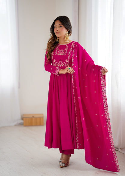 Bright Pink chanderi silk Embroidered Anarkali Gown with Dupatta