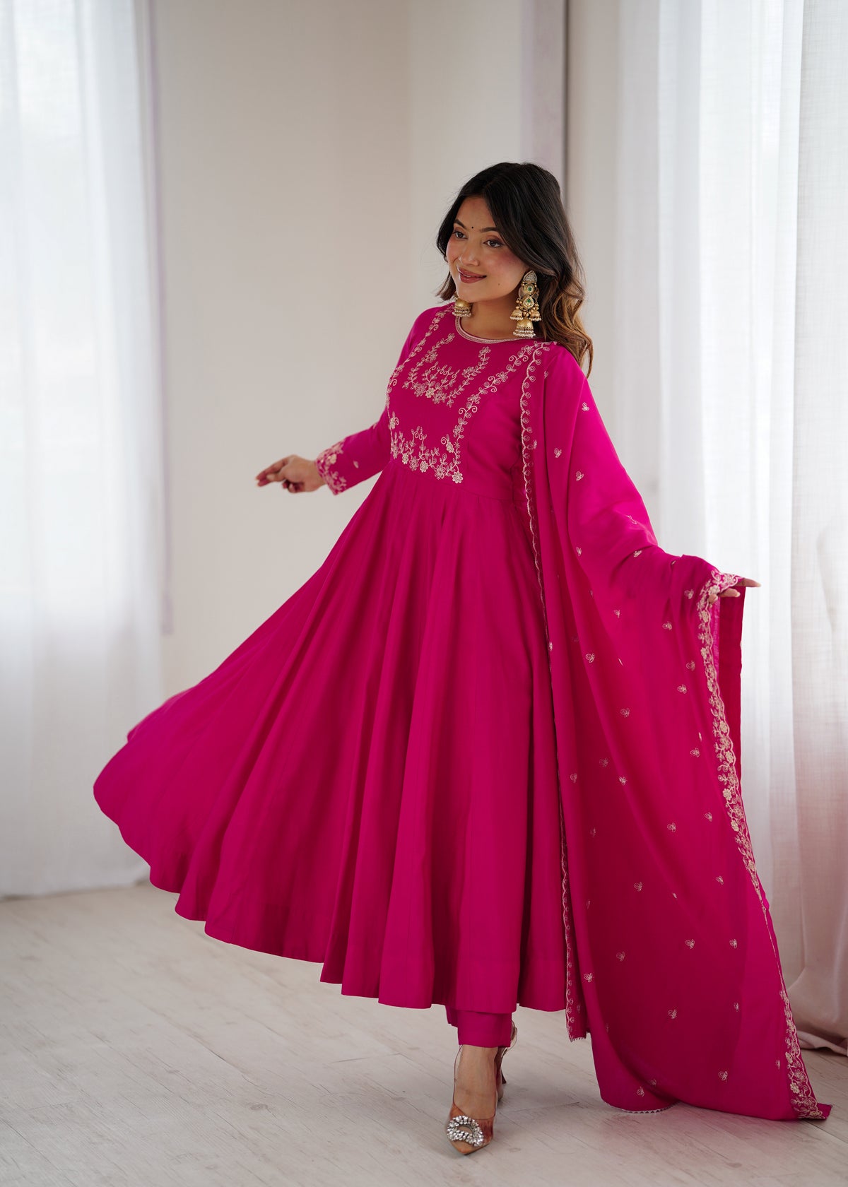 Bright Pink chanderi silk Embroidered Anarkali Gown with Dupatta