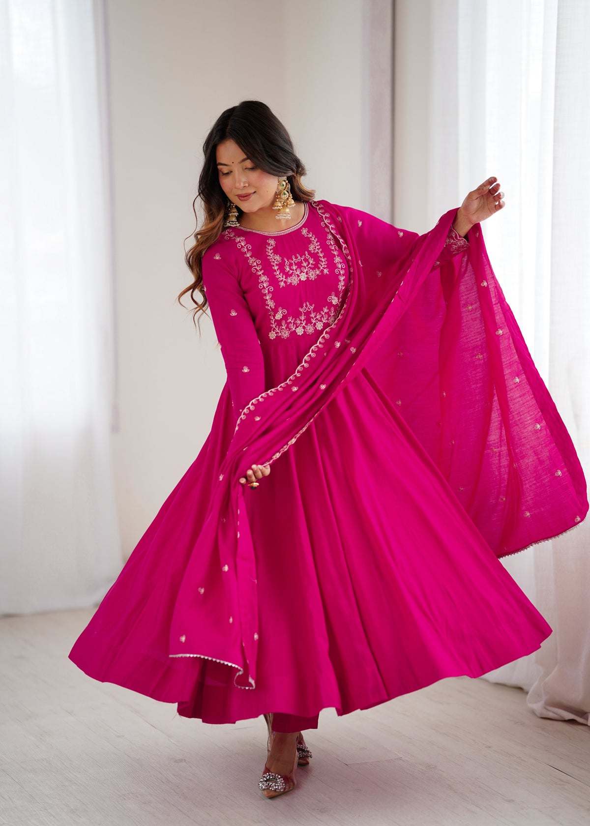 Bright Pink chanderi silk Embroidered Anarkali Gown with Dupatta