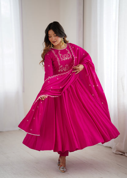 Bright Pink chanderi silk Embroidered Anarkali Gown with Dupatta
