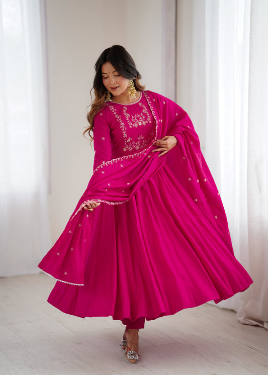 Bright Pink chanderi silk Embroidered Anarkali Gown with Dupatta