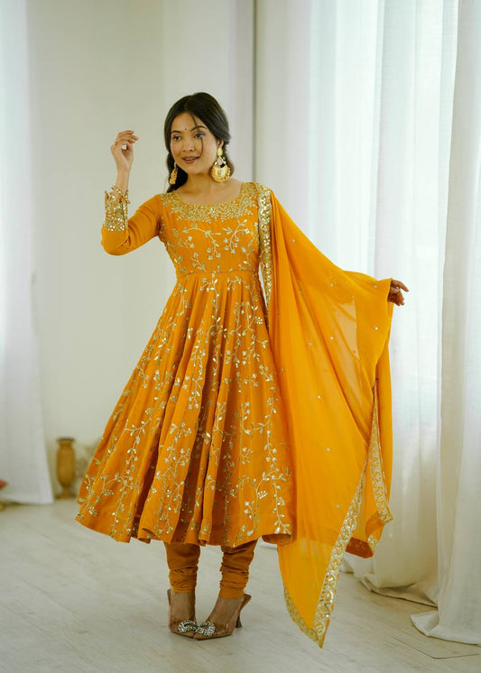 Mustard Yellow Anarkali Suit with Embroidered Dupatta