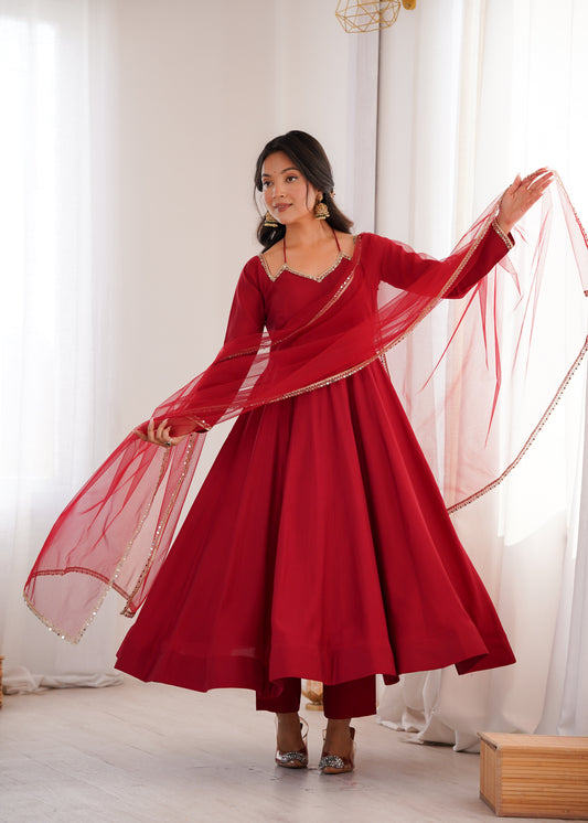 Maroon Roman Silk Chanderi Anarkali Gown with Net Dupatta & Mirror Lace
