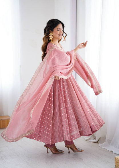Pastel Pink Anarkali Suit with Golden Polka Dot & Floral Embroidery
