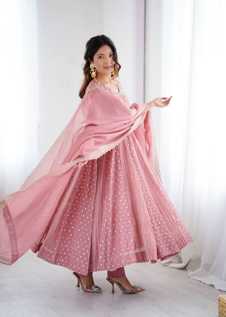 Pastel Pink Anarkali Suit with Golden Polka Dot & Floral Embroidery