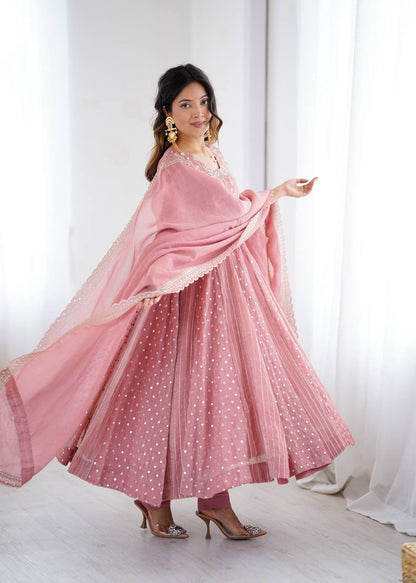 Pastel Pink Anarkali Suit with Golden Polka Dot & Floral Embroidery