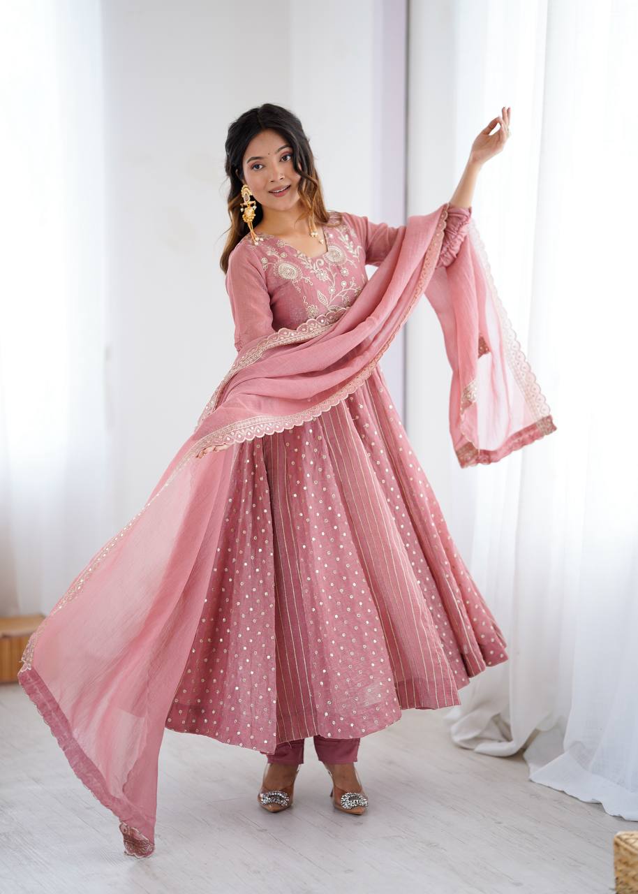 Pastel Pink Anarkali Suit with Golden Polka Dot & Floral Embroidery