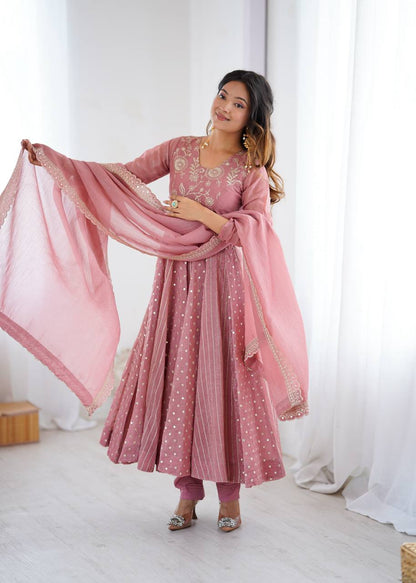 Pastel Pink Anarkali Suit with Golden Polka Dot & Floral Embroidery