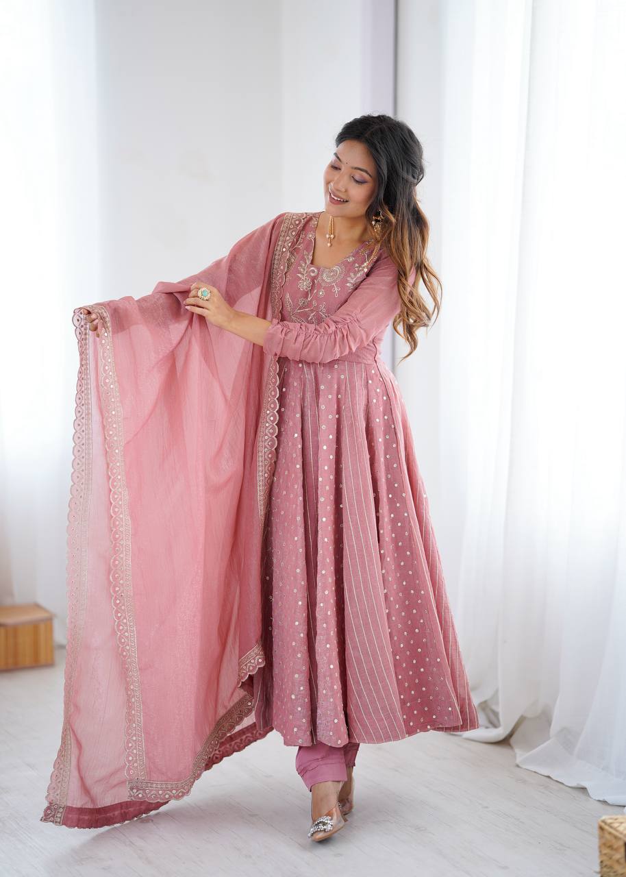 Pastel Pink Anarkali Suit with Golden Polka Dot & Floral Embroidery