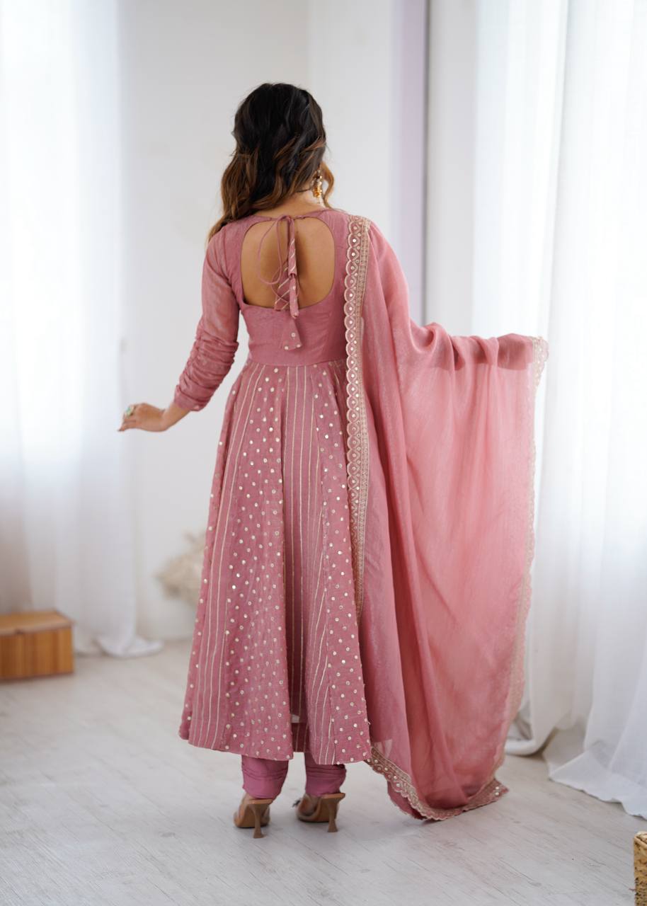 Pastel Pink Anarkali Suit with Golden Polka Dot & Floral Embroidery