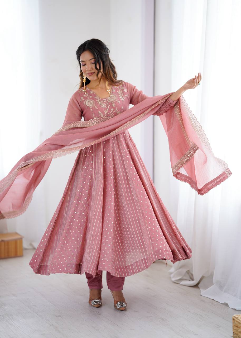 Pastel Pink Anarkali Suit with Golden Polka Dot & Floral Embroidery