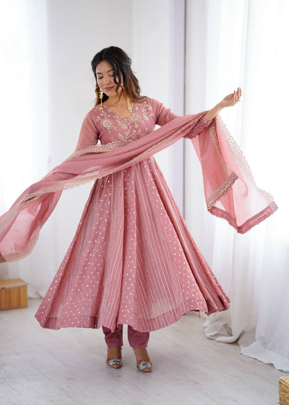 Pastel Pink Anarkali Suit with Golden Polka Dot & Floral Embroidery