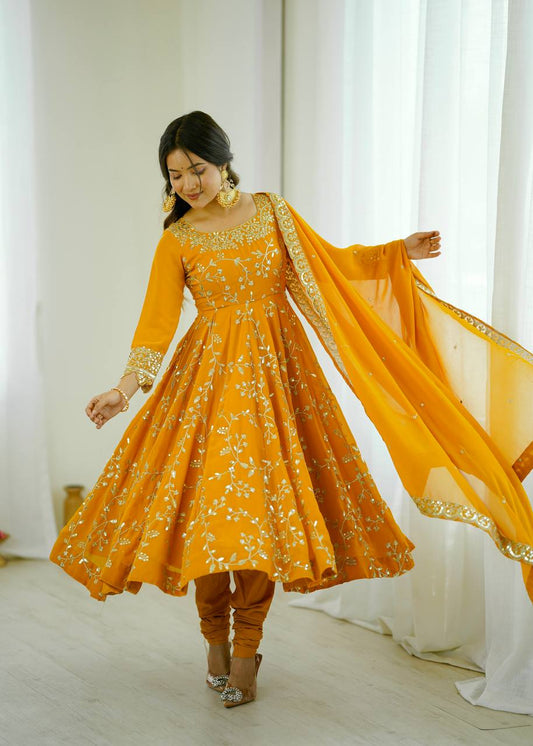 Mustard Yellow Anarkali Suit with Embroidered Dupatta