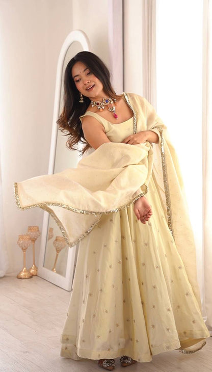 Off White Cosmos Gold Embroiderd Party gown With Dupatta