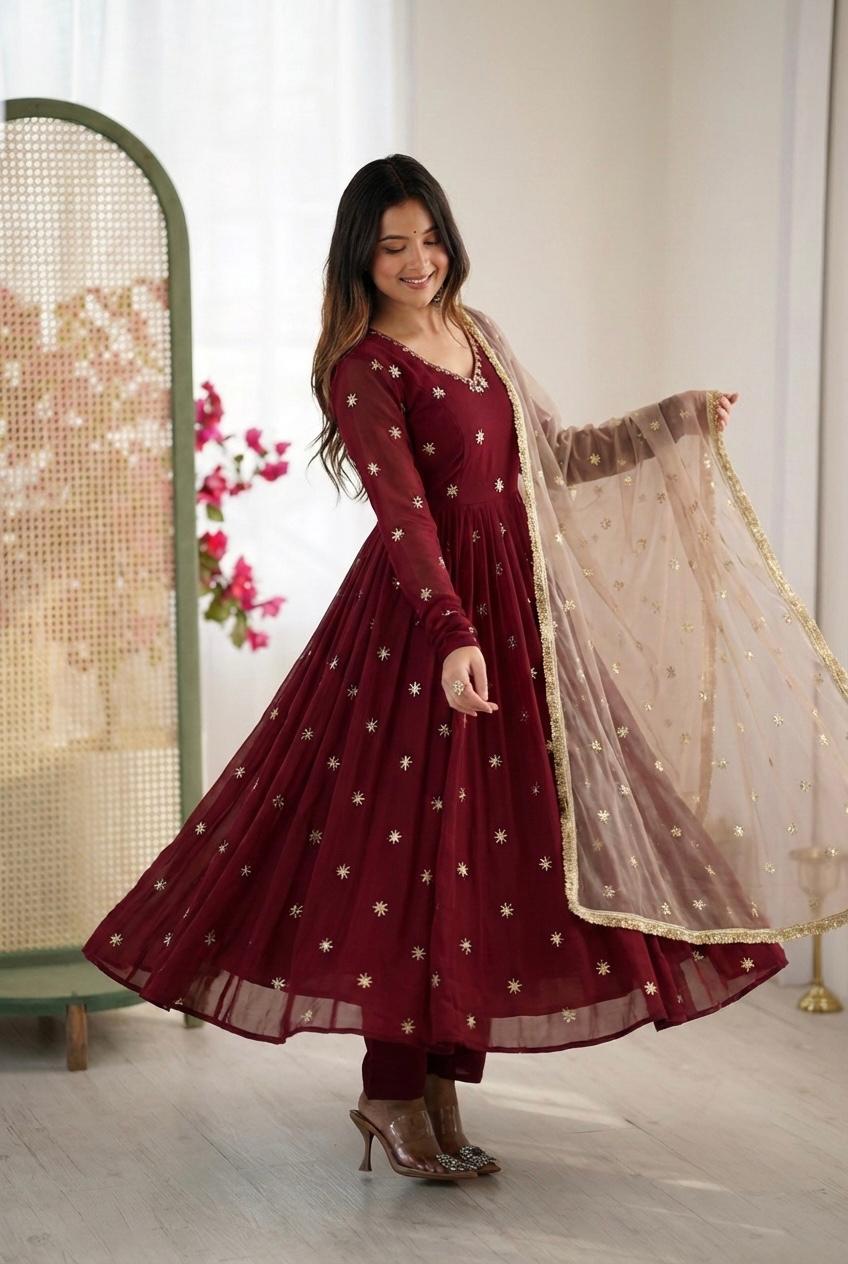 Maroon Georgette Anarkali Gown with Embroidery Work & Dupatta