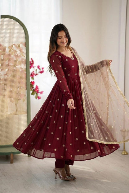Maroon Georgette Anarkali Gown with Embroidery Work & Dupatta