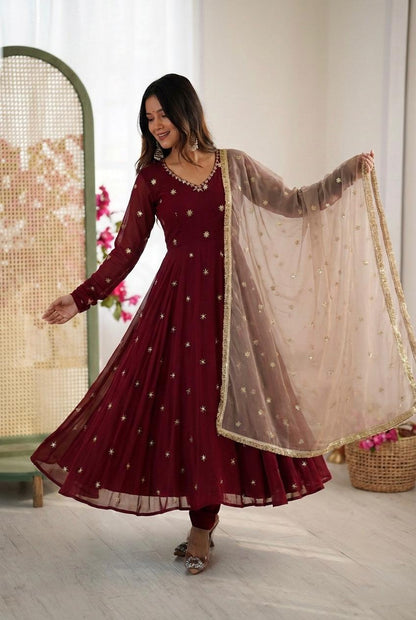 Maroon Georgette Anarkali Gown with Embroidery Work & Dupatta