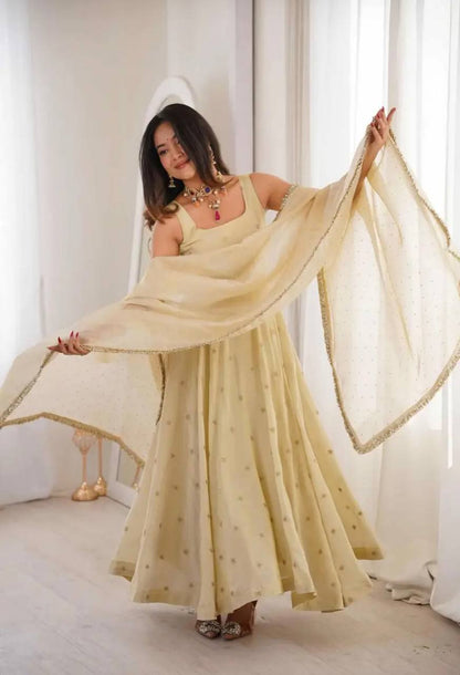 Off White Cosmos Gold Embroiderd Party gown With Dupatta