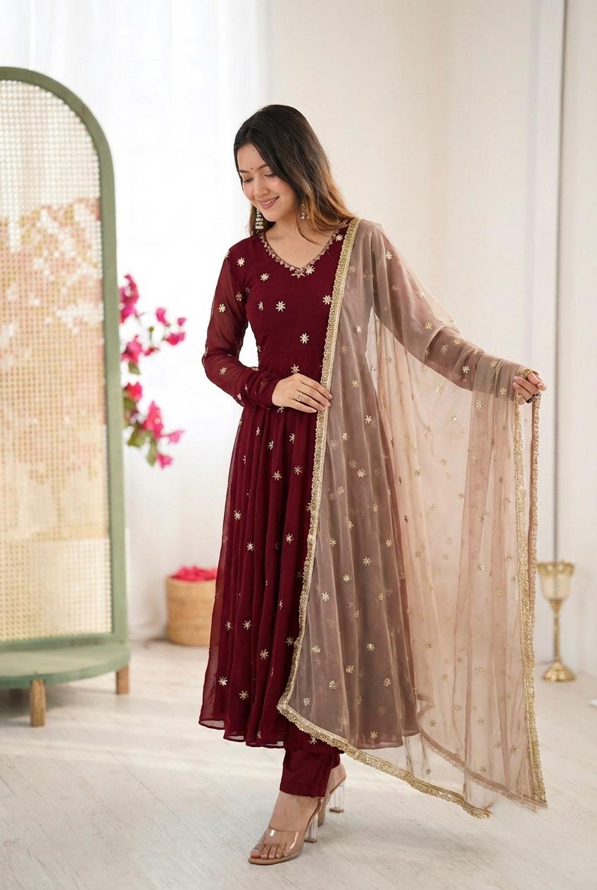 Maroon Georgette Anarkali Gown with Embroidery Work & Dupatta