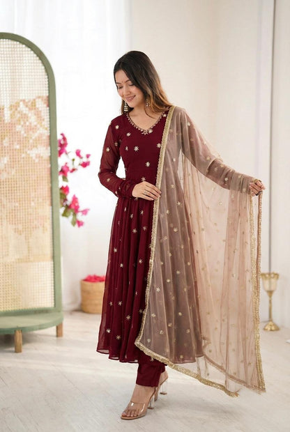 Maroon Georgette Anarkali Gown with Embroidery Work & Dupatta