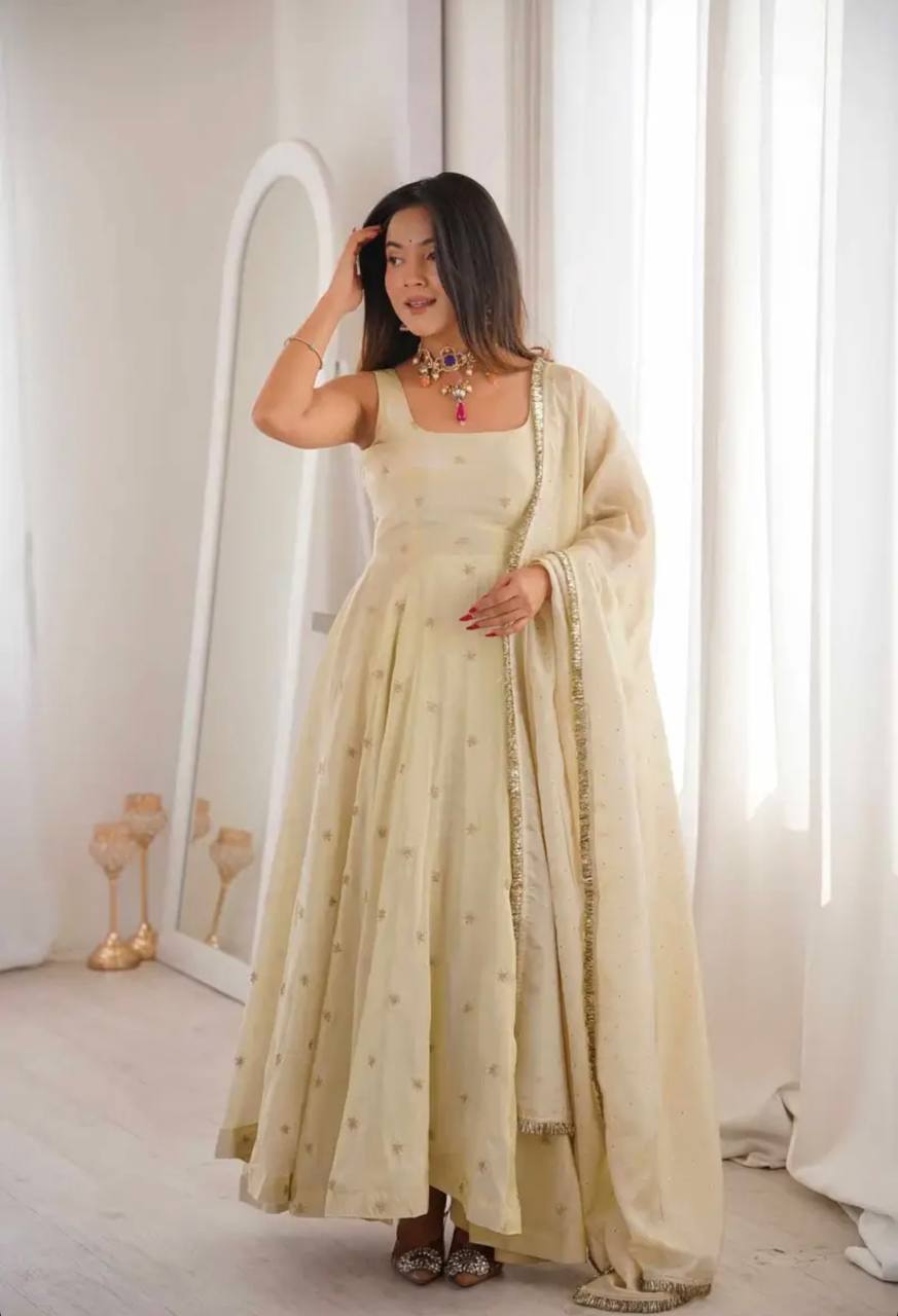 Off White Cosmos Gold Embroiderd Party gown With Dupatta