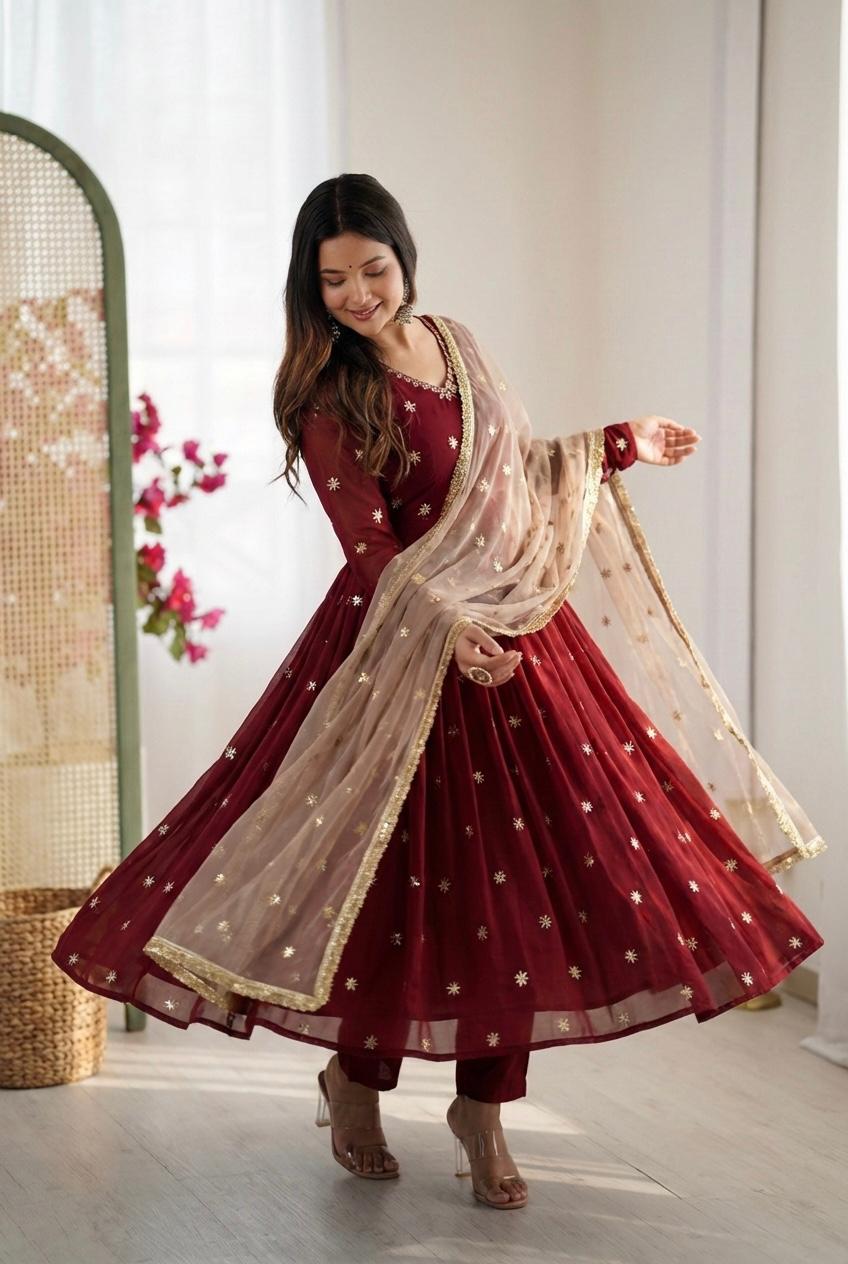Maroon Georgette Anarkali Gown with Embroidery Work & Dupatta