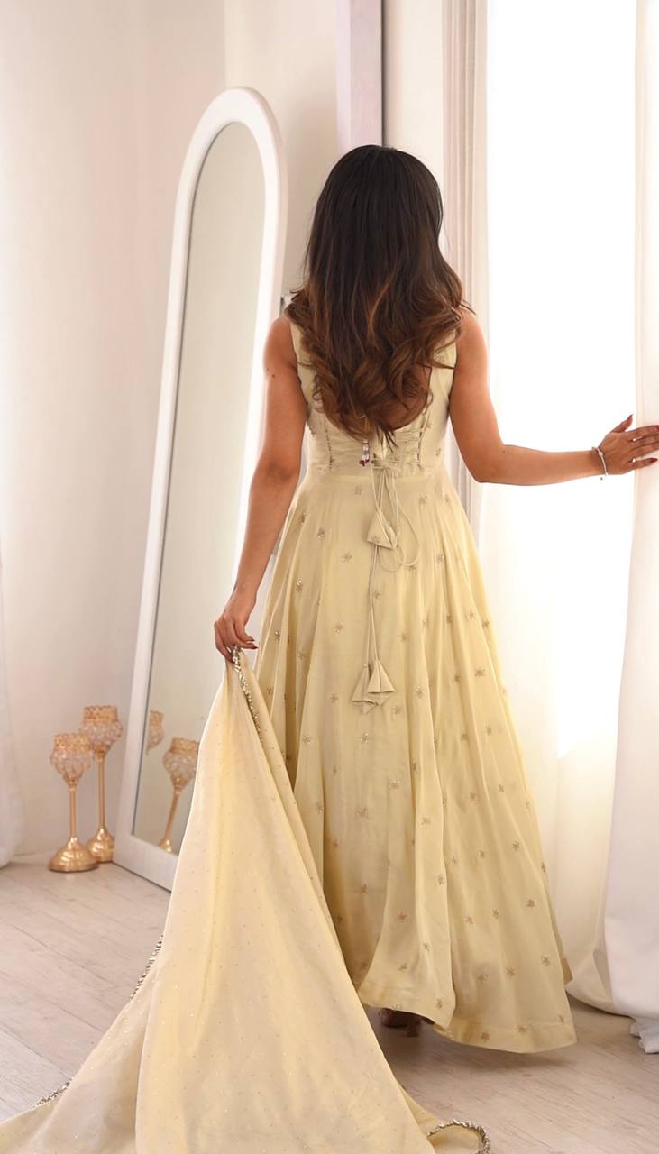 Off White Cosmos Gold Embroiderd Party gown With Dupatta