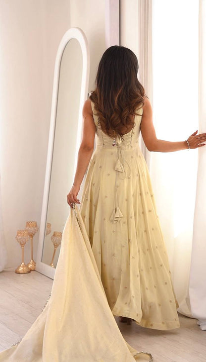 Off White Cosmos Gold Embroiderd Party gown With Dupatta