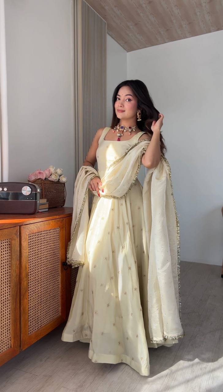 Off White Cosmos Gold Embroiderd Party gown With Dupatta
