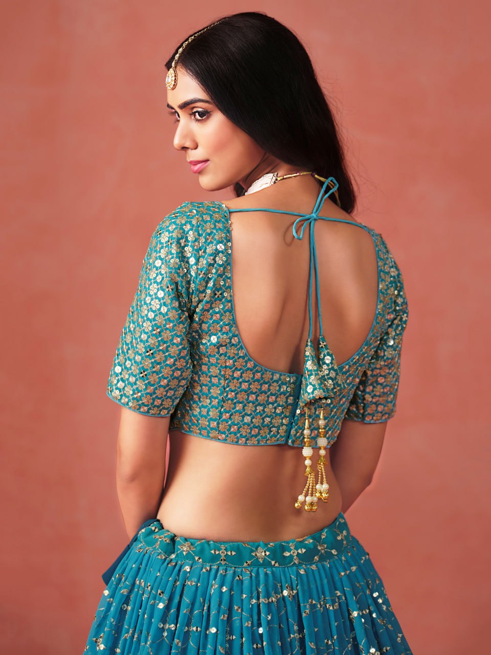 Rama Blue Zari Embroidered Georgette Lehenga Choli with Net Dupatta