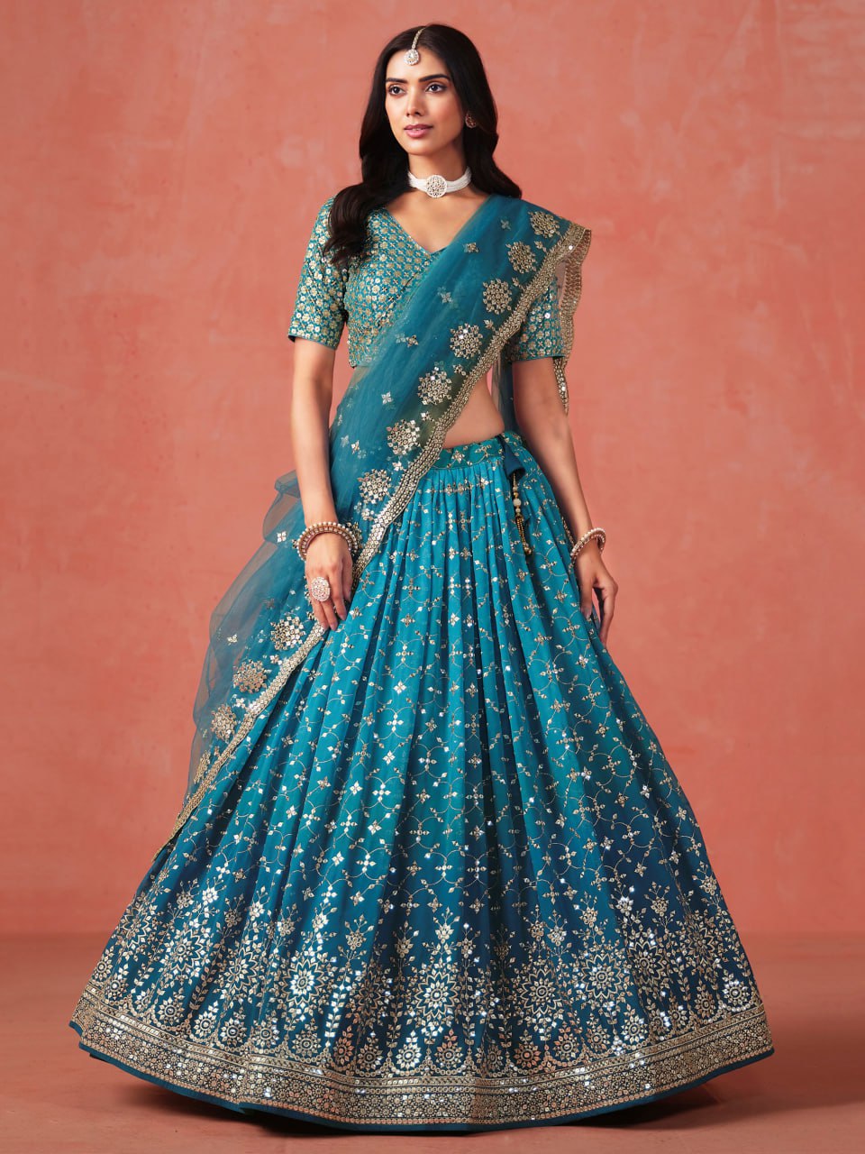 Rama Blue Zari Embroidered Georgette Lehenga Choli with Net Dupatta