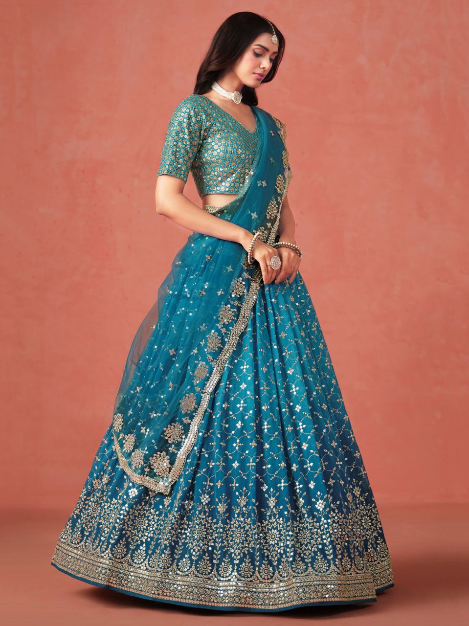 Rama Blue Zari Embroidered Georgette Lehenga Choli with Net Dupatta