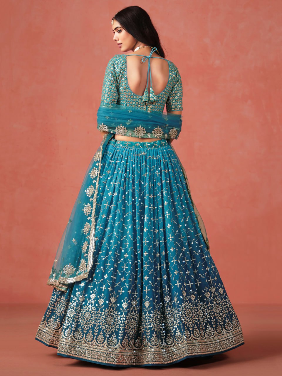 Rama Blue Zari Embroidered Georgette Lehenga Choli with Net Dupatta