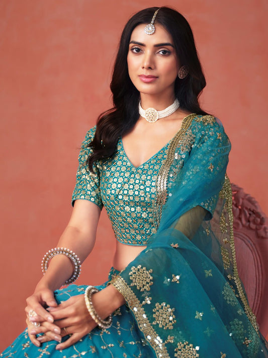 Rama Blue Zari Embroidered Georgette Lehenga Choli with Net Dupatta