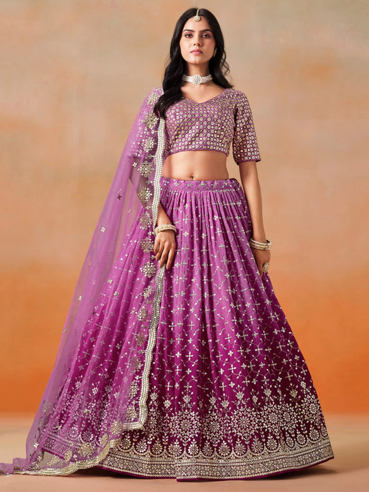Rani Pink Georgette Zari Work Embroidered Lehenga Choli with Net Dupatta