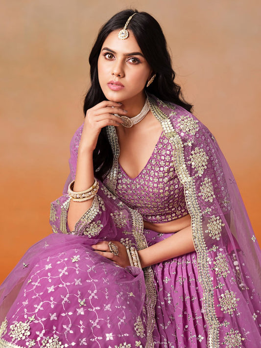 Rani Pink Georgette Zari Work Embroidered Lehenga Choli with Net Dupatta